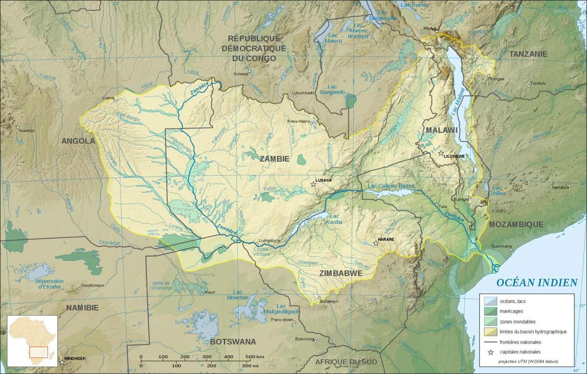 mappa di Zambia mostrando fiumi e laghi