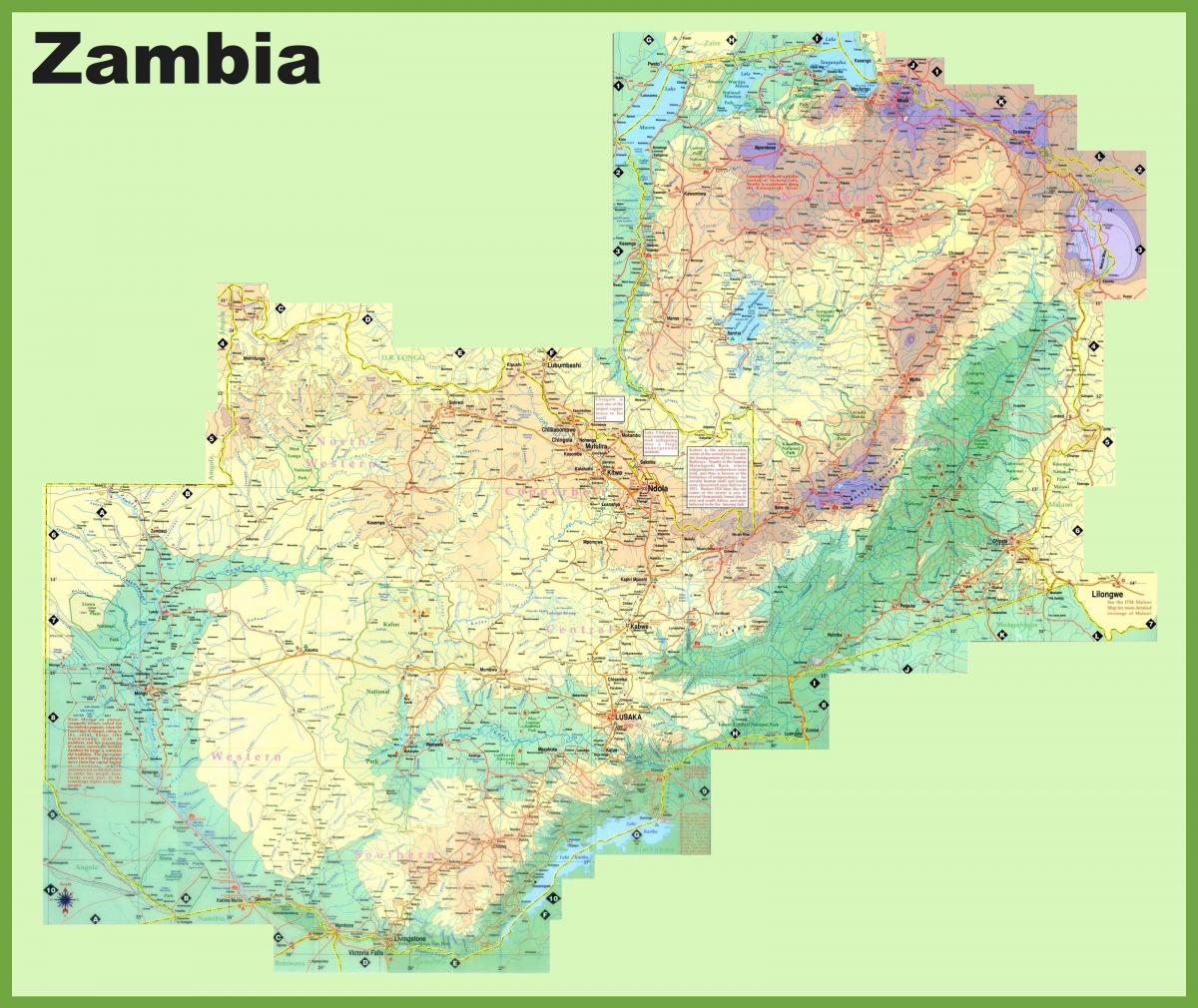 mappa di Zambia, mostrando tutte le città