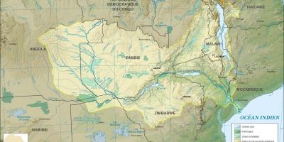 Mappa di Zambia mostrando fiumi e laghi